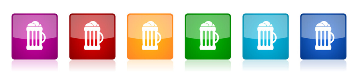 Fototapete - Beer icon set, colorful square glossy vector illustrations in 6 options for web design and mobile applications