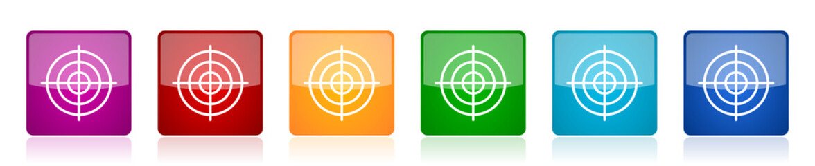 Leinwandbilder - Target icon set, colorful square glossy vector illustrations in 6 options for web design and mobile applications