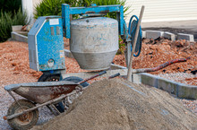 Old Dirty Cement Mixer At A Construction Site. Background, Motor.