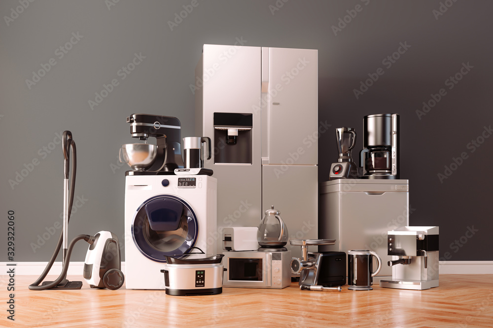 3d render of home appliances collection set - obrazy, fototapety, plakaty 