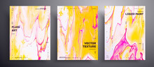Abstract Acrylic Placard, Fluid Art Vector Texture Collection. Trendy Background That Applicable For Design Cover, Invitation, Flyer And Etc. Yellow, Pink And White Universal Trendy Painting Backdrop