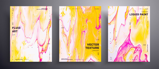 Abstract acrylic placard, fluid art vector texture collection. Trendy background that applicable for design cover, invitation, flyer and etc. Yellow, pink and white universal trendy painting backdrop