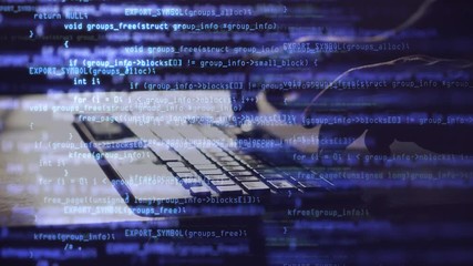Male hands types program code on keyboard. Blue source code overlay. Code and information hologram. Personal data protection, password safety, private key and cyber attack prevention concept.