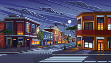 Street Of Town At Night. Cityscape With Old Apartment Houses And Light In Windows. Cartoon Vector Illustration Of Historic Urban Area. City Street With Vintage Houses Building. Old Urban Landscape