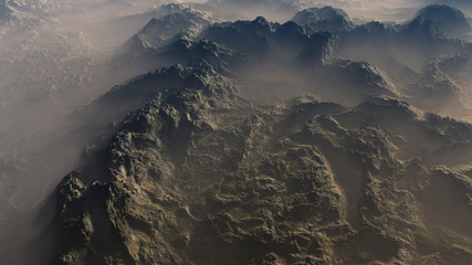 Wall Mural - Rugged terrain in fog. Digitally generated image.