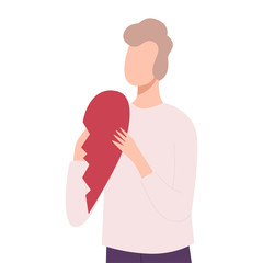 Poster - Lonely Young Man Holding Half of Broken Heart, Lonely and Sad Girl Character Flat Vector Illustration