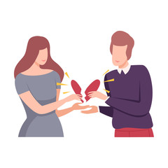 Sticker - Young Man and Woman Holding Broken Heart, People Trying to Save Love and Friendship Flat Vector Illustration