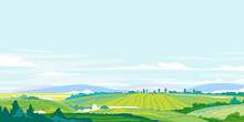 Green Agricultural Fields, Hills And Meadows, Summer Countryside With Green Hills, Rural Landscape, Agricultural Land With Crops And Vineyards In Simple Colors With Blue Sky