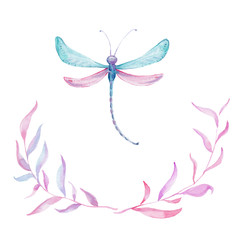 Watercolor hand draw illustration pink dragonfly and two branches; with white isolated background