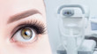 Female eye close-up on the background of ophthalmic equipment. Microscopy, vision diagnostics, treatment concept