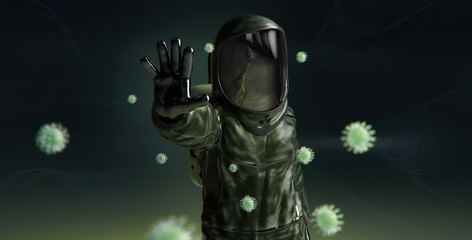 Don't panic 3D illustration concept. Man in virus protective biohazard suit and mask stopping coronavirus spread. Pathogen novel flu coronavirus COVID-19 global pandemic outbreak crisis stop gesture