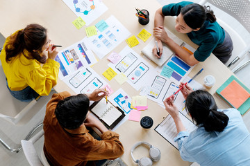 Wall Mural - brainstorm planing creative asian teamwork, group of asia mobile phone app developer team meeting fo