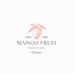 Wall Mural - mango fruit farms abstract vector sign, symbol or logo template. hand drawn mango with leaves sketch