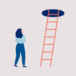 © Mary Long - Young woman thinks to make a next step into the future. Girl in doubt and indecision stands of the stairs to the top. Concept of a difficult choice, decision making. Colorful vector