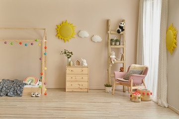 Child room concept with wooden furniture design, bed cabinet and toy.