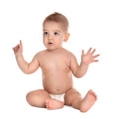 Poster - Cute little baby in diaper on white background