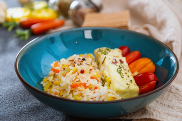 Fillet of cod, rice and leek fondue