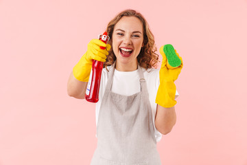 Sticker - Woman housewife holding sponge an cleanser.