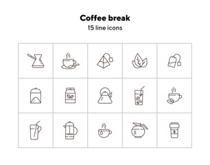 Canvas Print - Coffee break line icon set. French press, tea pot, glass and straw. Drink concept. Can be used for topics like coffee shop, cafe menu, restaurant