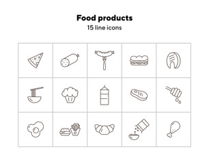 Poster - Food products line icons. Carton of milk, noodles, fast food. Food concept. Vector illustration can be used for topics like meals, eating, nourishment