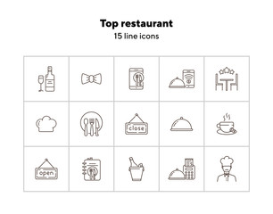 Canvas Print - Top restaurant line icon set. Chef, dish, waiter bow, award star isolated outline sign pack. Restaurant business concept. Vector illustration symbol elements for web design and apps