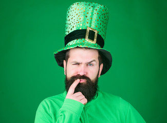 Green part of celebration. Happy patricks day. St patricks day holiday known for parades shamrocks and all things Irish. Global celebration. Man bearded hipster wear hat. Saint patricks day holiday