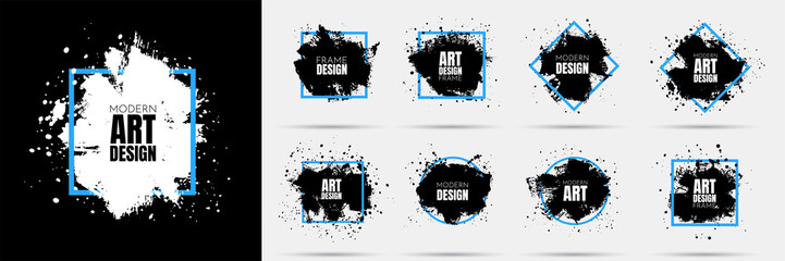 Wall Mural - Grunge banners set. Black paint. Vector background for text. Brush ink stroke. Isolated square white frame. Element for design poster, cover, invitation, gift card, flyer, social media, promotion.