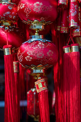 Chinese red and gold lantern display on Chinese New year festival on the street in Singapore, closeup