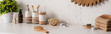 Panoramic View Of Shelf With Hygiene Objects And Beauty Products With Flowerpot In Bathroom, Zero Waste Concept