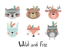 Hand Drawn Cute Print With Owl, Bear, Deer, Rabbit, Fox, Raccoon. Print For Baby. Cute Animal In Boho Style