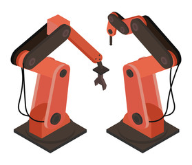 Wall Mural - two robotic mechanisms isolated on white background. smart industrial devices used in automated prod