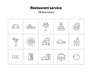 Sticker - Restaurant service line icon set. Rate, wine, meat course, waiter bow isolated outline sign pack. Restaurant business concept. Vector illustration symbol elements for web design.