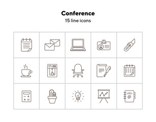 Poster - Conference icon set. Line icons collection on white background. Document, coffee, report. Presentation concept. Can be used for topics like start-up, office, workplace