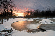 A Winter Sunset On A Waterfall On Prairie Creek.  Will County, Illinois, USA.