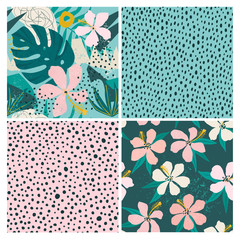 collage contemporary floral and polka dot shapes seamless pattern set.