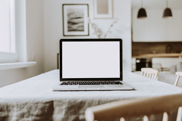 Wall Mural - Blank screen laptop. Home office desk table workspace. Modern nordic interior design template.