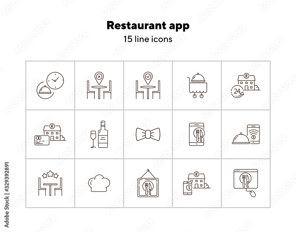 Restaurant app line icon set. Map pointer, table, building, payment ...