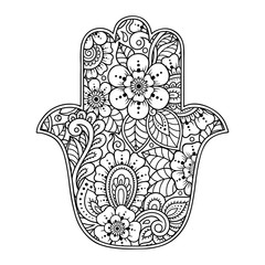 Hamsa hand drawn symbol with flower. Decorative pattern in oriental style for interior decoration and henna drawings. The ancient sign of 