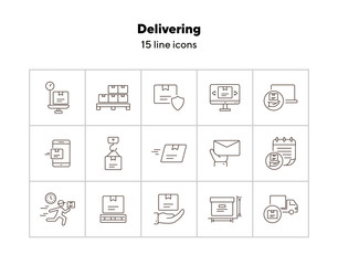 Poster - Delivering icons. Set of line icons. Fast package, mobile parcel, box weight. Logistics concept. Vector illustration can be used for topics like shipment, post service, freight