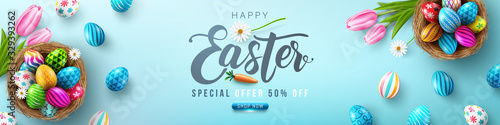 Photo Easter poster and banner template with Easter eggs in the nest on light green background