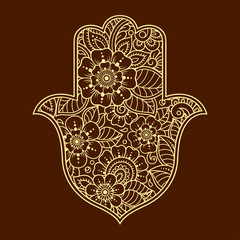 Hamsa hand drawn symbol with flower. Decorative pattern in oriental style for interior decoration and henna drawings. The ancient sign of 