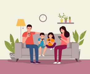 Mother and father with children sitting on the sofa with smartphones. Vector flat illustration