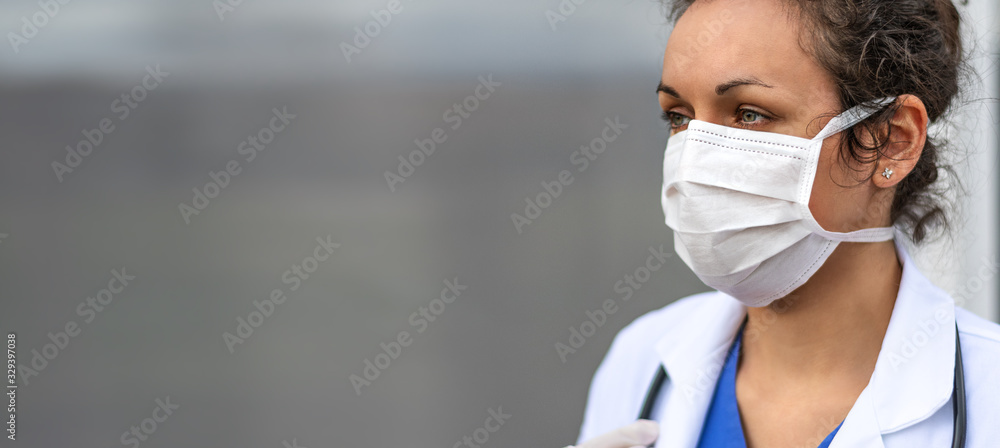 Biology and science. Doctor wearing protection face mask. Virus or bacteria cells. Global alert. Epidemic flu. Coronavirus. Medical staff preventive gear. - obrazy, fototapety, plakaty 