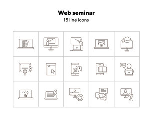 Sticker - Web seminar line icon set. Lesson, smartphone, computer. Online education concept. Can be used for topics like self-development, tutorial, information