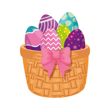 Cute Eggs Easter Decorated In Basket Wicker Vector Illustration Designicon