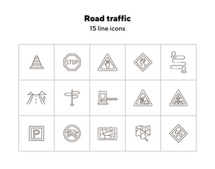 Poster - Road traffic icons. Set of line icons. Map with magnifying glass, mobile navigator, route. Traffic concept. Vector illustration can be used for topics like navigation, travelling