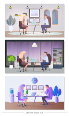 Set of 3 illustrations on the topic of interview. Interview in the office. Business meeting, hiring, communication. Vector illustration