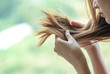 close up woman looking and holding damaged hair with blurred background