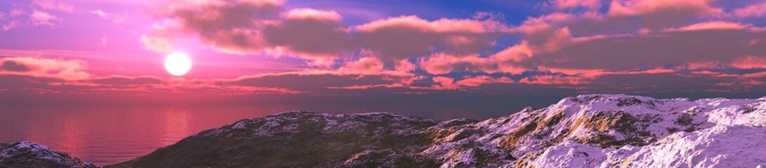 Snow-covered slopes melt at sunset, panorama of snowy peaks at sunrise, 3D rendering