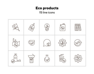 Wall Mural - Eco products line icons. Set of line icons. Factory, liquid soap, bulb. Eco technology concept. Vector illustration can be used for topics like ecology, technology, environment